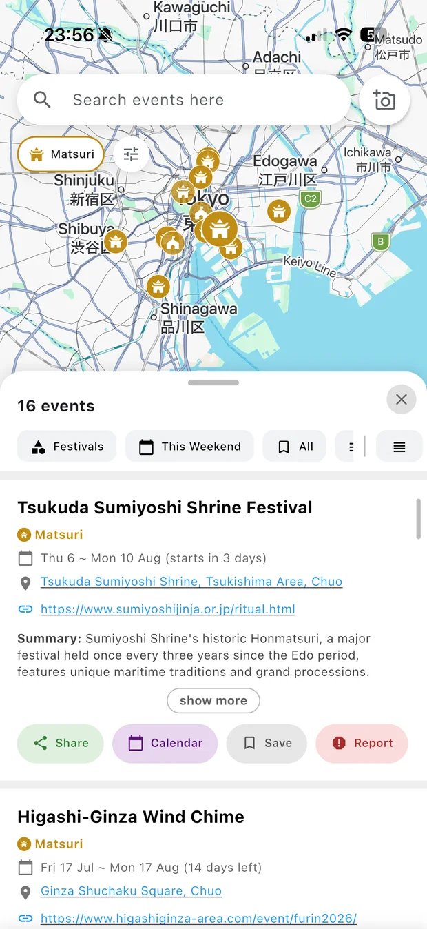 Matsuri filter applied to the map of Tokyo, with a list of shrine festivals below